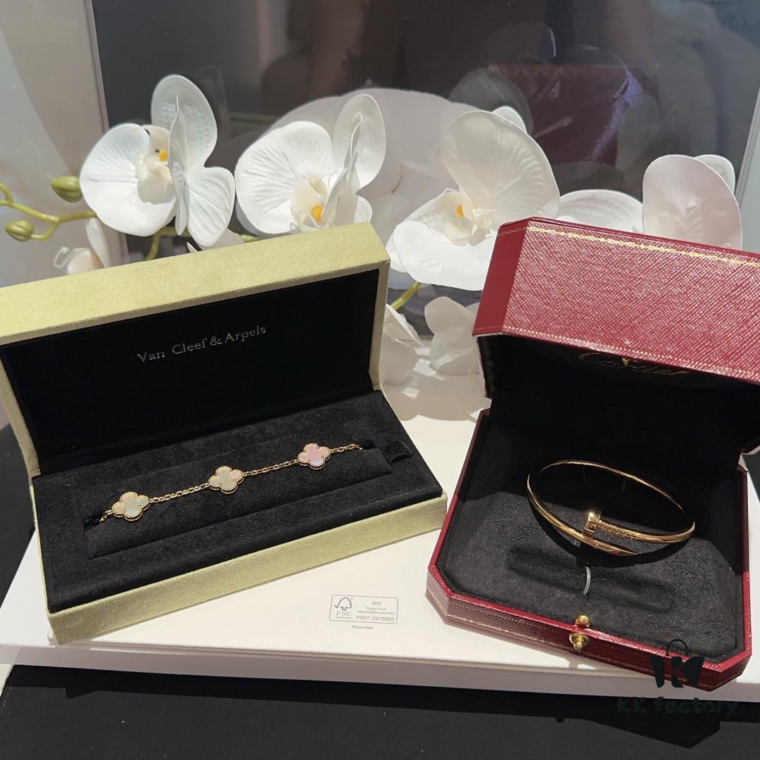 Versatile Top-Tier Jewelry: VCA-Inspired Five-Petal White Mother-of-Pearl Bracelet and Cartier-Style Nailed Polished Gold Bangle, Thick 18K Gold Plated with Natural White Mother-of-Pearl