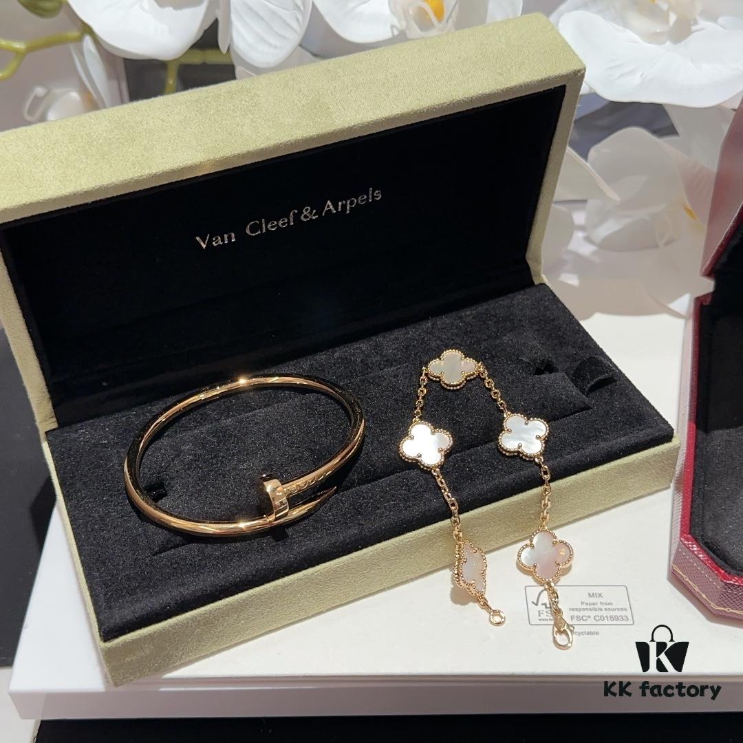Versatile Top-Tier Jewelry: VCA-Inspired Five-Petal White Mother-of-Pearl Bracelet and Cartier-Style Nailed Polished Gold Bangle, Thick 18K Gold Plated with Natural White Mother-of-Pearl