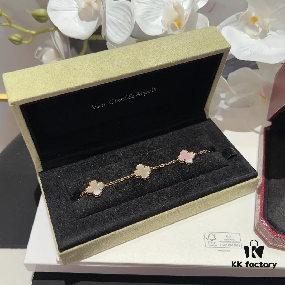 Versatile Top-Tier Jewelry: VCA-Inspired Five-Petal White Mother-of-Pearl Bracelet and Cartier-Style Nailed Polished Gold Bangle, Thick 18K Gold Plated with Natural White Mother-of-Pearl