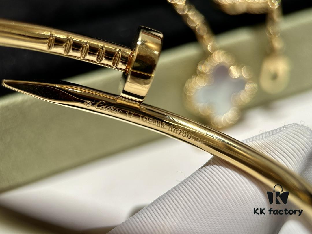 Versatile Top-Tier Jewelry: VCA-Inspired Five-Petal White Mother-of-Pearl Bracelet and Cartier-Style Nailed Polished Gold Bangle, Thick 18K Gold Plated with Natural White Mother-of-Pearl