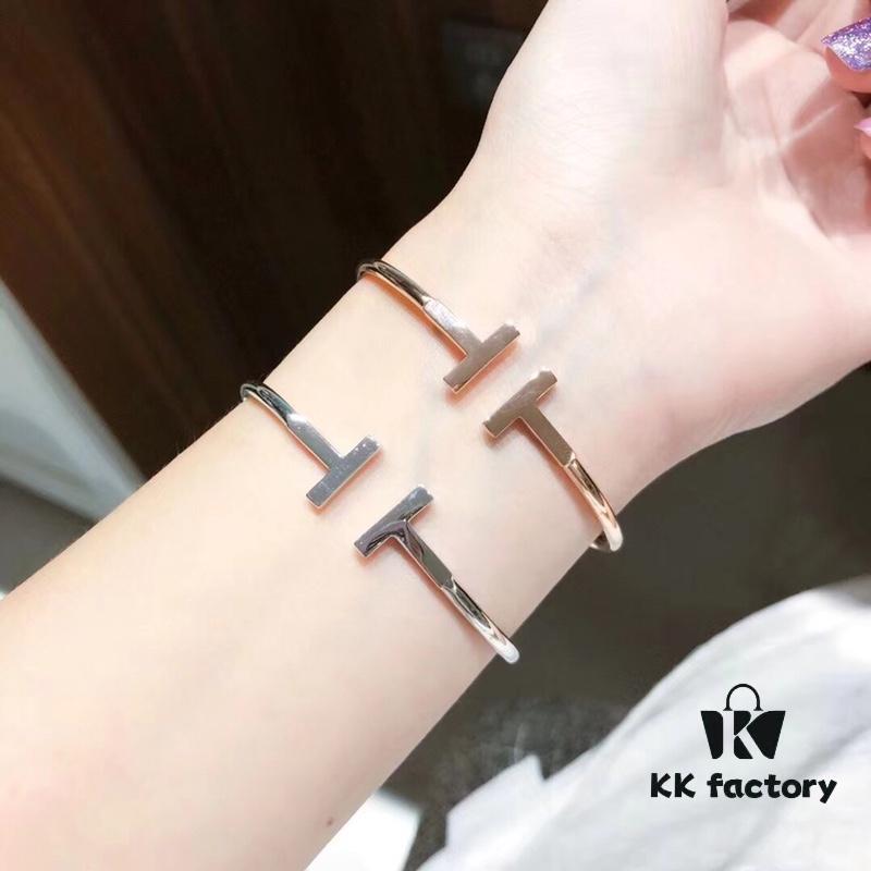 Tiffany No-Diamond Double T Memory Bracelet, Cabinet Quality, ZP Mold Making, CNC Logo Engraving, 925 Pure Silver Material, Two Colors Available