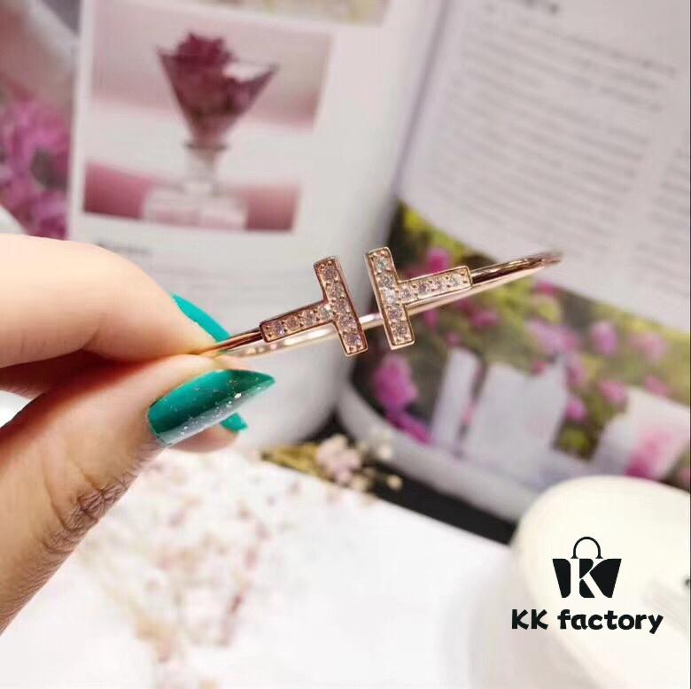 Hot New Arrival! Tiffany & Co. Classic Double T Bracelet in S925 Sterling Silver with Rose Gold Plating