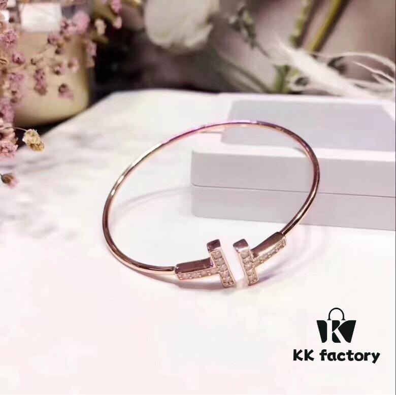 Hot New Arrival! Tiffany & Co. Classic Double T Bracelet in S925 Sterling Silver with Rose Gold Plating