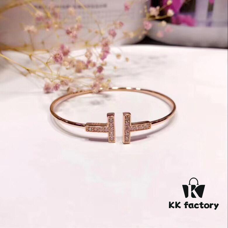 Hot New Arrival! Tiffany & Co. Classic Double T Bracelet in S925 Sterling Silver with Rose Gold Plating