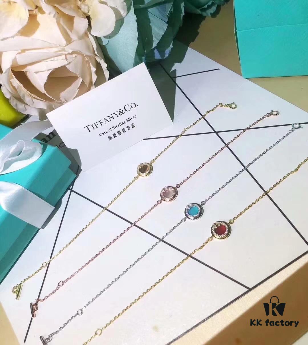 Tiffany New Arrival: Diamond-Paved Double-T Circular Bracelet and Necklace with Turquoise, White Mother-of-Pearl, Red Carnelian – Made from Imported German S925 Sterling Silver, Original Logo, Four Colors Available