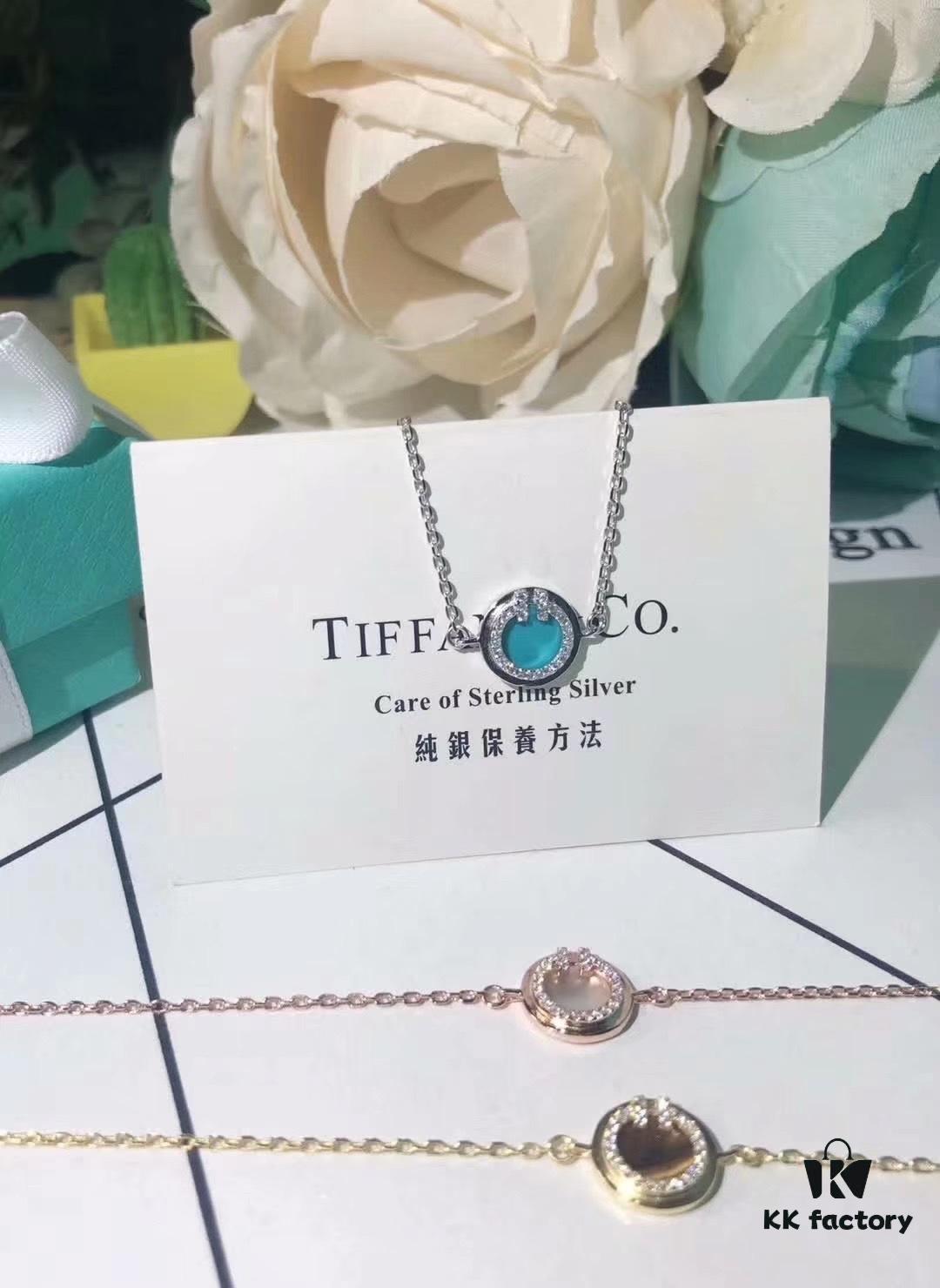 Tiffany New Arrival: Diamond-Paved Double-T Circular Bracelet and Necklace with Turquoise, White Mother-of-Pearl, Red Carnelian – Made from Imported German S925 Sterling Silver, Original Logo, Four Colors Available