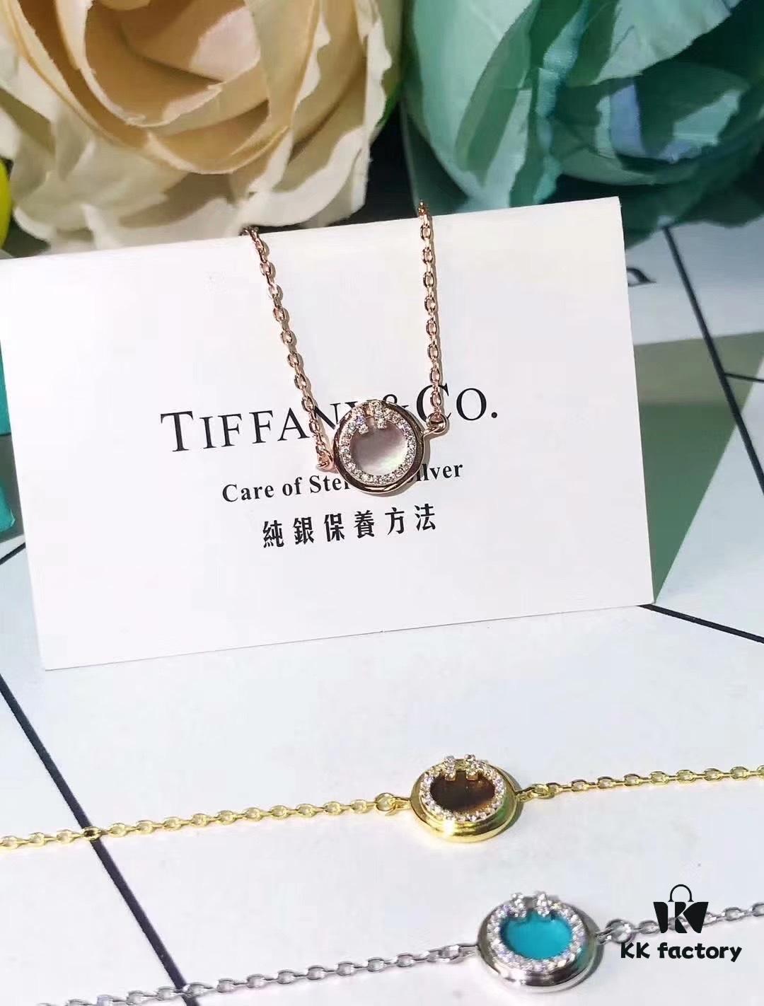 Tiffany New Arrival: Diamond-Paved Double-T Circular Bracelet and Necklace with Turquoise, White Mother-of-Pearl, Red Carnelian – Made from Imported German S925 Sterling Silver, Original Logo, Four Colors Available