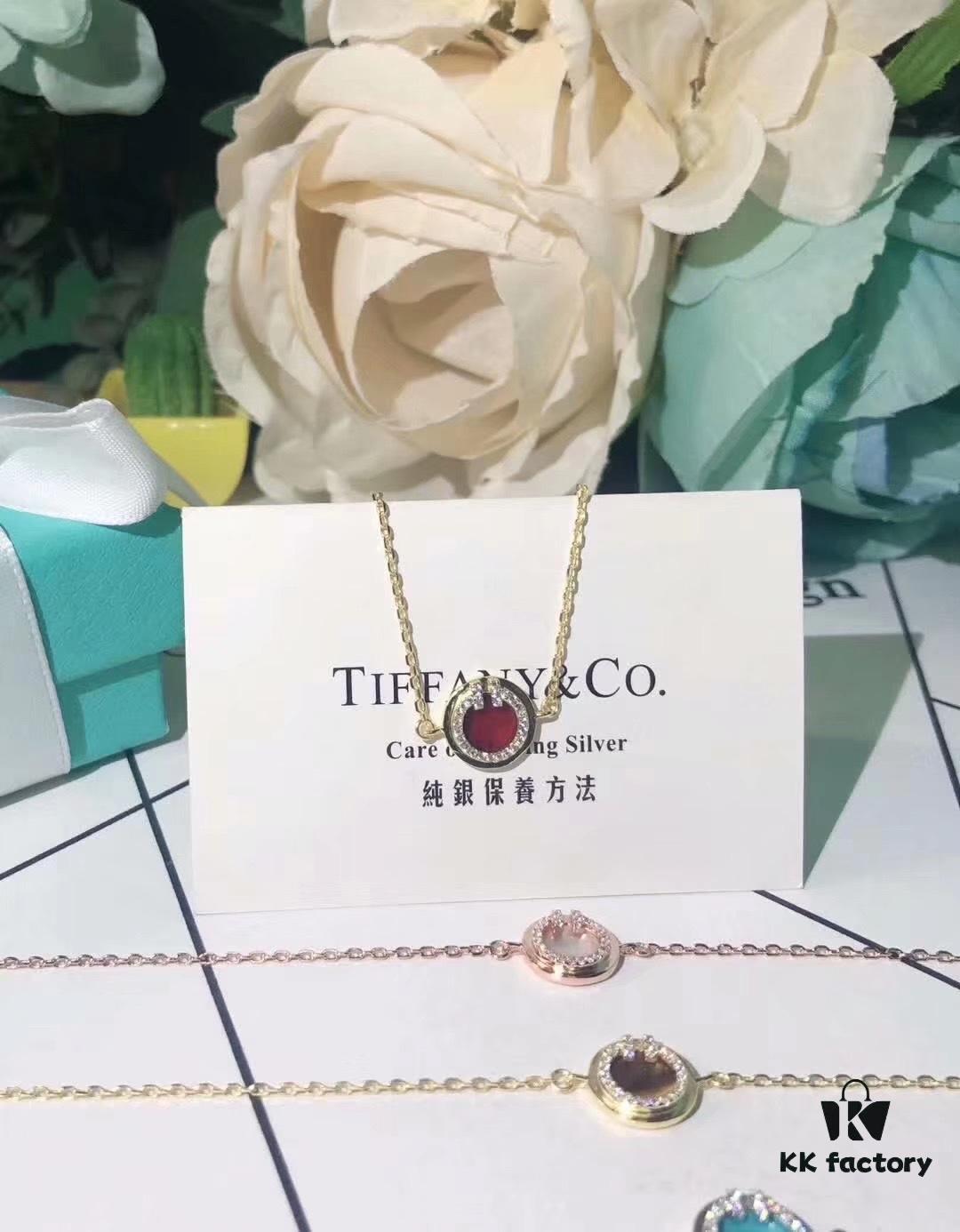Tiffany New Arrival: Diamond-Paved Double-T Circular Bracelet and Necklace with Turquoise, White Mother-of-Pearl, Red Carnelian – Made from Imported German S925 Sterling Silver, Original Logo, Four Colors Available