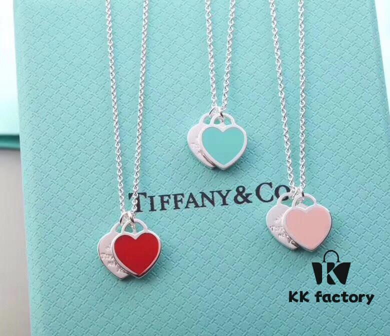 Doubles Heart Enamel Pendant Necklace in Blue, Pink, Red – Classic Tiffany-Style Heart Charm Jewelry Gift