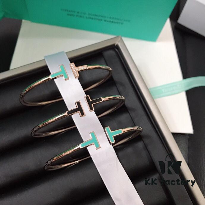 Tiffany & Co. New Double T Enamel Bracelet in 925 Sterling Silver with 18K Rose Gold Plating, New Color Combination and Sparkling Zirconia