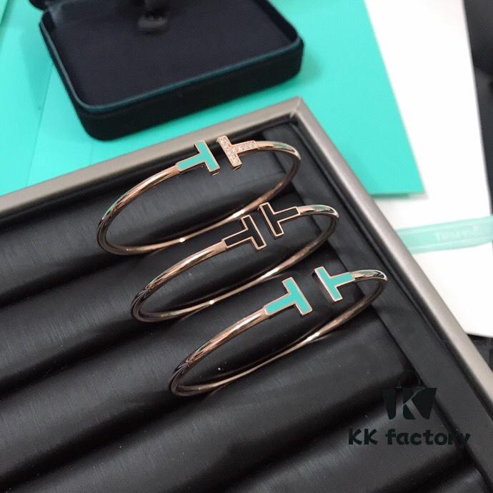 Tiffany & Co. New Double T Enamel Bracelet in 925 Sterling Silver with 18K Rose Gold Plating, New Color Combination and Sparkling Zirconia