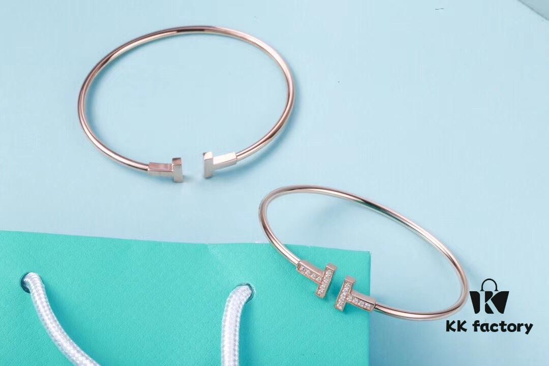 Must-have Tiffany & Co. Double T Diamond Bracelet with Adjustable Memory Design, AU750 Logo Stamp, S925 Silver Plated with 18K Gold, Set with 5A Zirconia