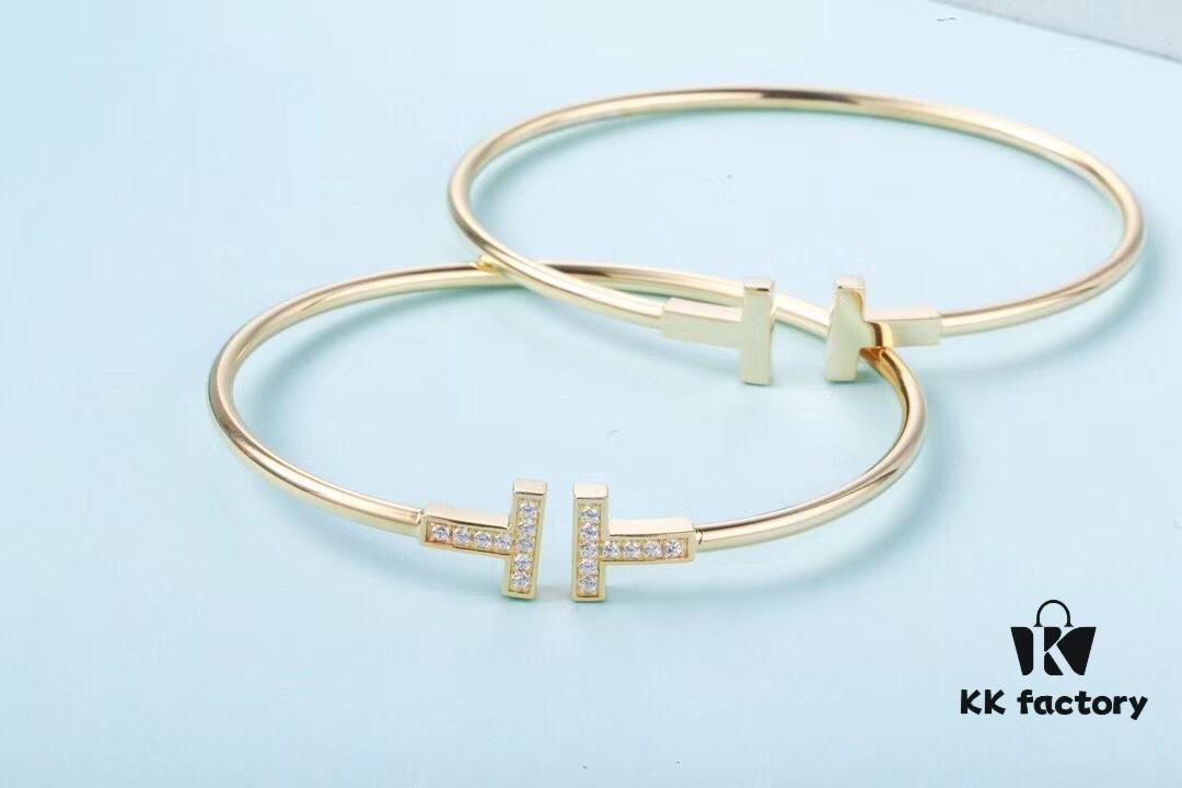 Must-have Tiffany & Co. Double T Diamond Bracelet with Adjustable Memory Design, AU750 Logo Stamp, S925 Silver Plated with 18K Gold, Set with 5A Zirconia