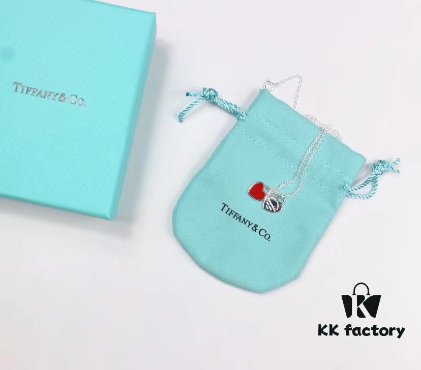 925 Sterling Silver Double Heart Enamel Pendant Necklace in Blue, Pink, Red - Christmas Gift, Popular Tiffany-Style Design