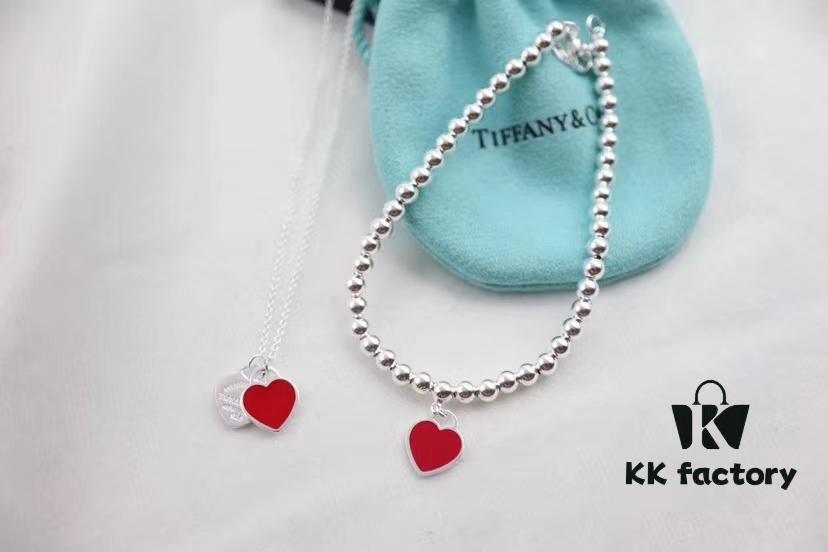 Tiffany & Co. New Year Red Heart Bracelet and Necklace, Pure Silver Craftsmanship with New Technology, Premium Quality – Real Item Exceptionally Beautiful! Bracelet Interior Made with Pure Silver Wire, 4mm S925 Sterling Silver Beads, Authenticity Guaranteed