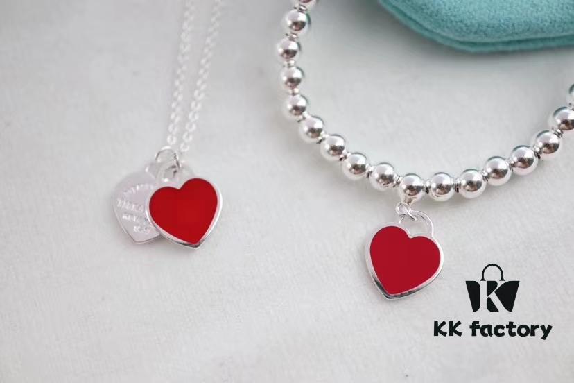 Tiffany & Co. New Year Red Heart Bracelet and Necklace, Pure Silver Craftsmanship with New Technology, Premium Quality – Real Item Exceptionally Beautiful! Bracelet Interior Made with Pure Silver Wire, 4mm S925 Sterling Silver Beads, Authenticity Guaranteed