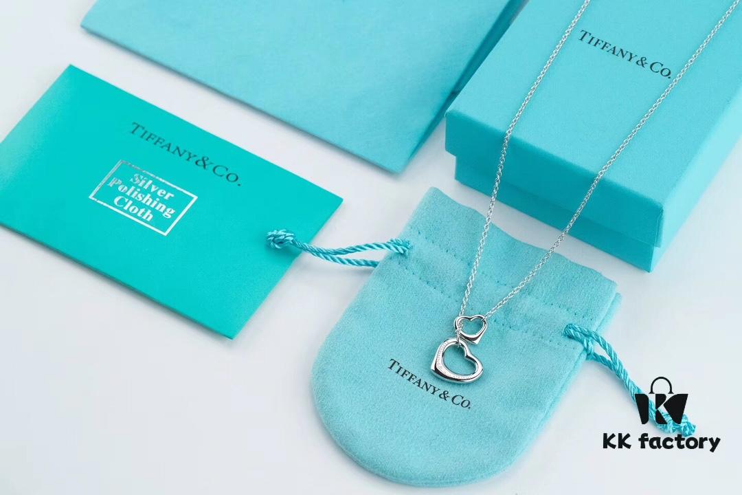 Tiffany & Co. Heart Pendant Necklace Set, Small and Large Hearts, 925 Sterling Silver with Rhodium Plated Finish, Reversible Design with Original Engraving and Designer Signature Logo
