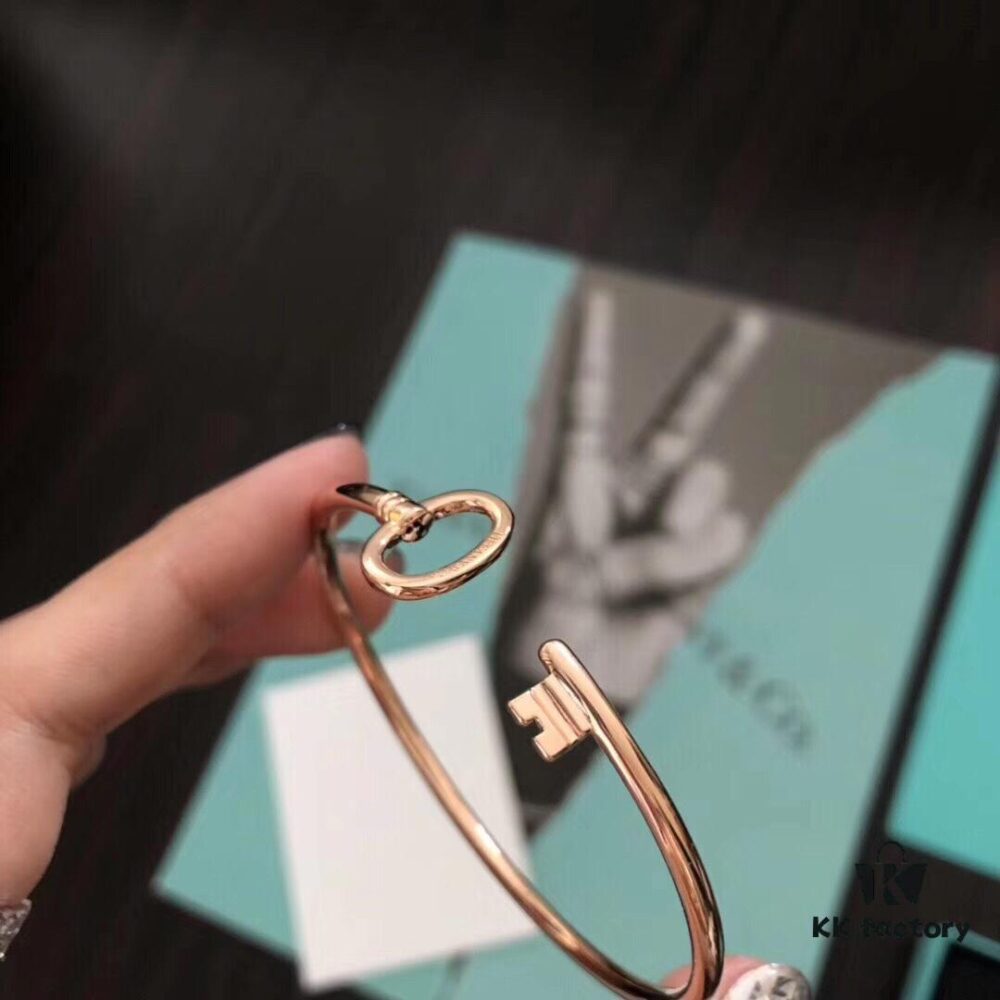 Tiffany & Co. Key Smooth Open Bangle Bracelet, Minimalist Style, Spring Silver Construction, Premium S925 Sterling Silver Plated with 14K Rose Gold, Yellow Gold, and White Gold, In Stock