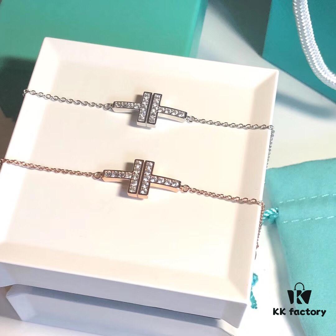 New Tiffany Style Trendy Minimalist Double T Diamond-Paved Bracelet in Rose Gold and White Gold, S925 Sterling Silver Plated, Layered Design for Summer Fashion
