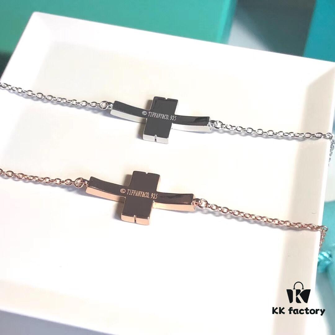 New Tiffany Style Trendy Minimalist Double T Diamond-Paved Bracelet in Rose Gold and White Gold, S925 Sterling Silver Plated, Layered Design for Summer Fashion