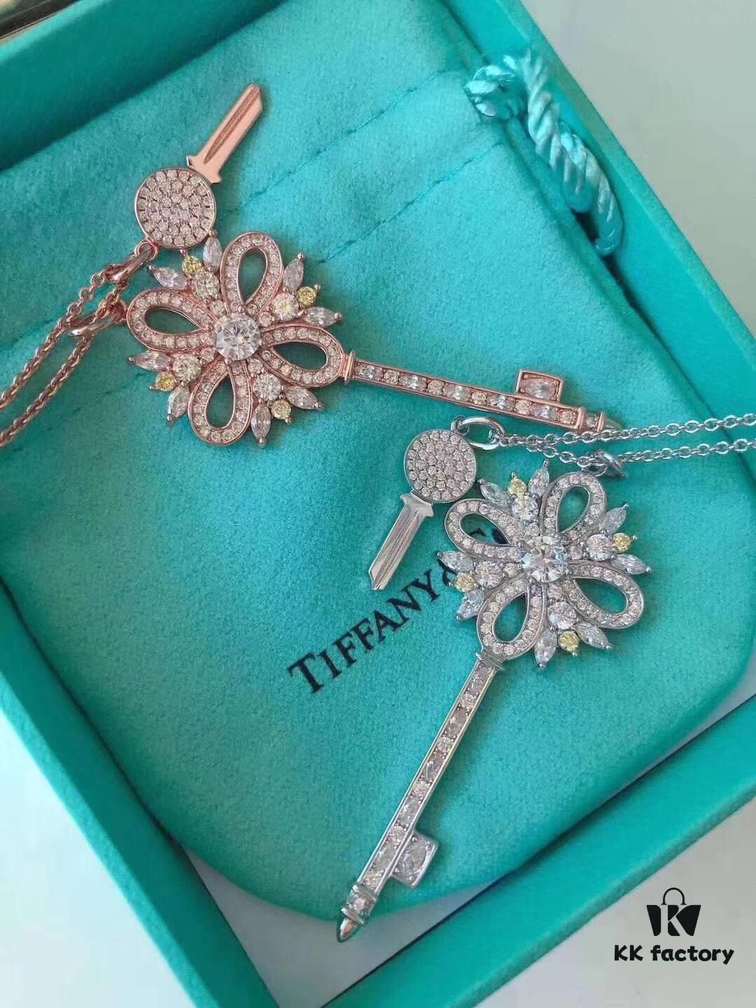 Tiffany & Co. Classic Double Key Snowflake Sweater Chain with Small Yellow Diamond Accents, Featuring Elegant Logo, Available in White Gold and Rose Gold