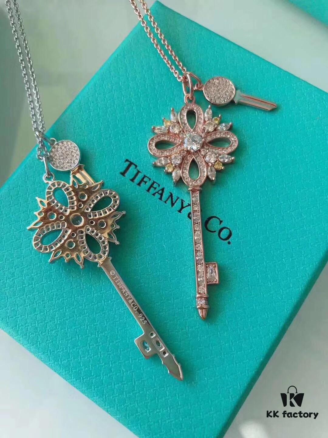 Tiffany & Co. Classic Double Key Snowflake Sweater Chain with Small Yellow Diamond Accents, Featuring Elegant Logo, Available in White Gold and Rose Gold