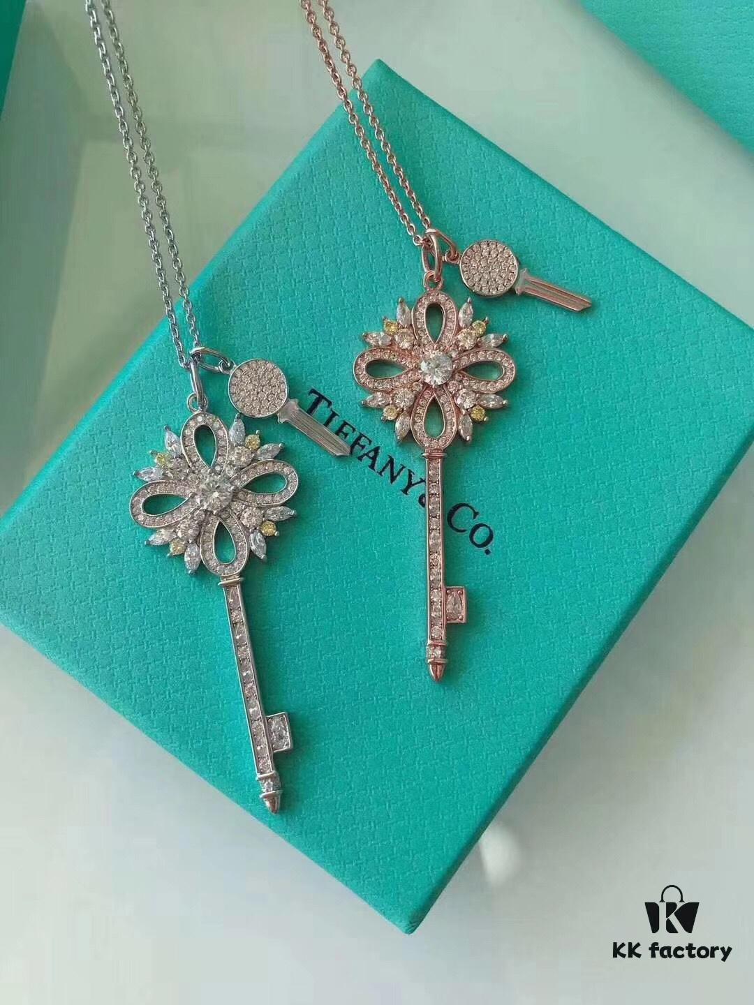 Tiffany & Co. Classic Double Key Snowflake Sweater Chain with Small Yellow Diamond Accents, Featuring Elegant Logo, Available in White Gold and Rose Gold