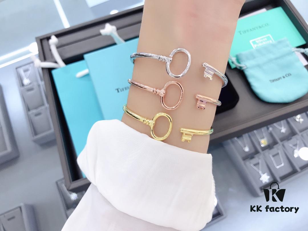 Tiffany & Co. Key Smooth Open Bangle Bracelet, Minimalist Style, Spring Silver Construction, Premium S925 Sterling Silver Plated with 14K Rose Gold, Yellow Gold, and White Gold, Three Colors In Stock