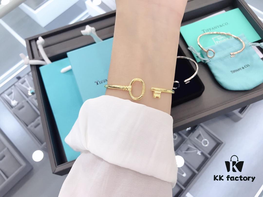 Tiffany & Co. Key Smooth Open Bangle Bracelet, Minimalist Style, Spring Silver Construction, Premium S925 Sterling Silver Plated with 14K Rose Gold, Yellow Gold, and White Gold, Three Colors In Stock