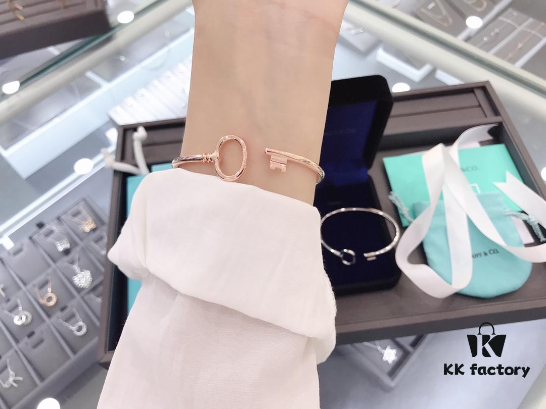 Tiffany & Co. Key Smooth Open Bangle Bracelet, Minimalist Style, Spring Silver Construction, Premium S925 Sterling Silver Plated with 14K Rose Gold, Yellow Gold, and White Gold, Three Colors In Stock