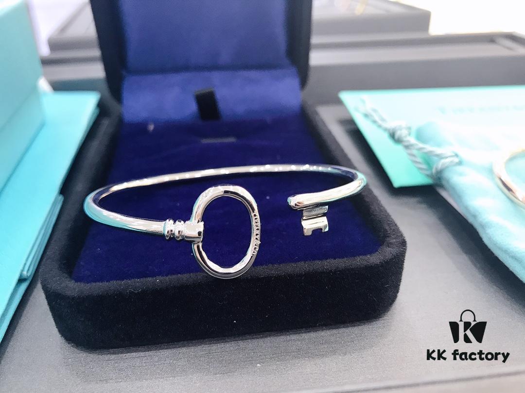 Tiffany & Co. Key Smooth Open Bangle Bracelet, Minimalist Style, Spring Silver Construction, Premium S925 Sterling Silver Plated with 14K Rose Gold, Yellow Gold, and White Gold, Three Colors In Stock
