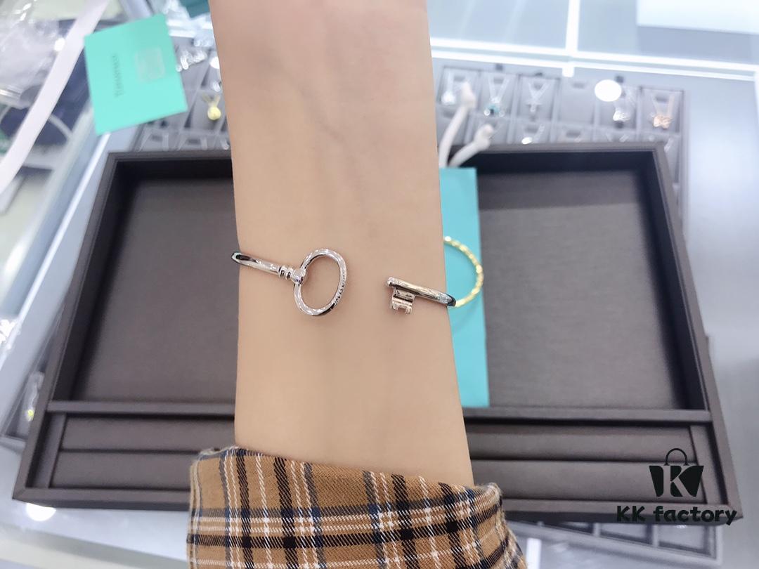 Tiffany & Co. Key Smooth Open Bangle Bracelet, Minimalist Style, Spring Silver Construction, Premium S925 Sterling Silver Plated with 14K Rose Gold, Yellow Gold, and White Gold, Three Colors In Stock