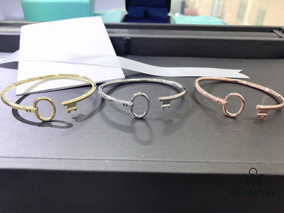 Tiffany & Co. Key Smooth Open Bangle Bracelet, Minimalist Style, Spring Silver Construction, Premium S925 Sterling Silver Plated with 14K Rose Gold, Yellow Gold, and White Gold, Three Colors In Stock