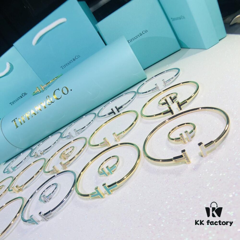 Classic Tiffany Inspired Double T Pearl Inlaid Square Ring and Gold Silver Rose Bracelet with Mother of Pearl Coil