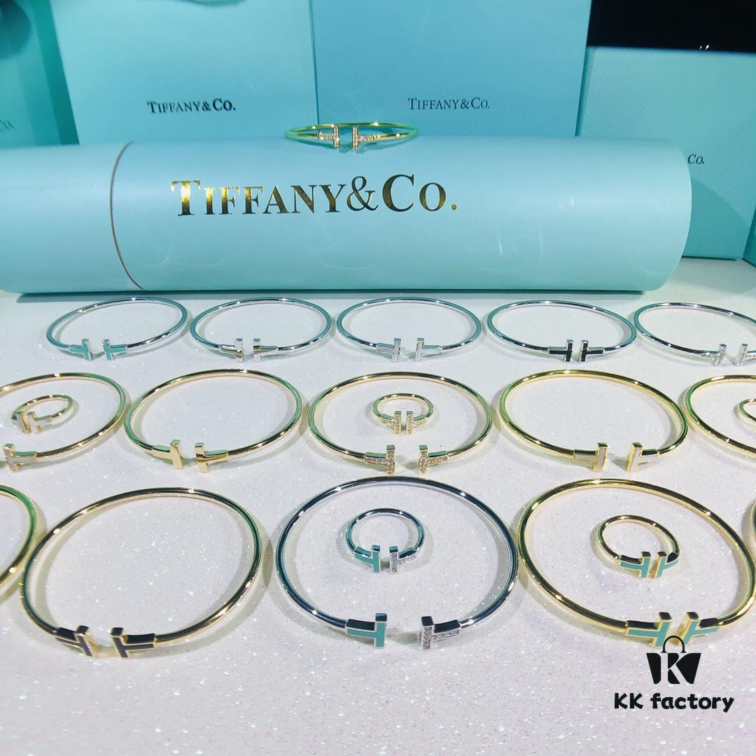 Classic Tiffany Inspired Double T Pearl Inlaid Square Ring and Gold Silver Rose Bracelet with Mother of Pearl Coil