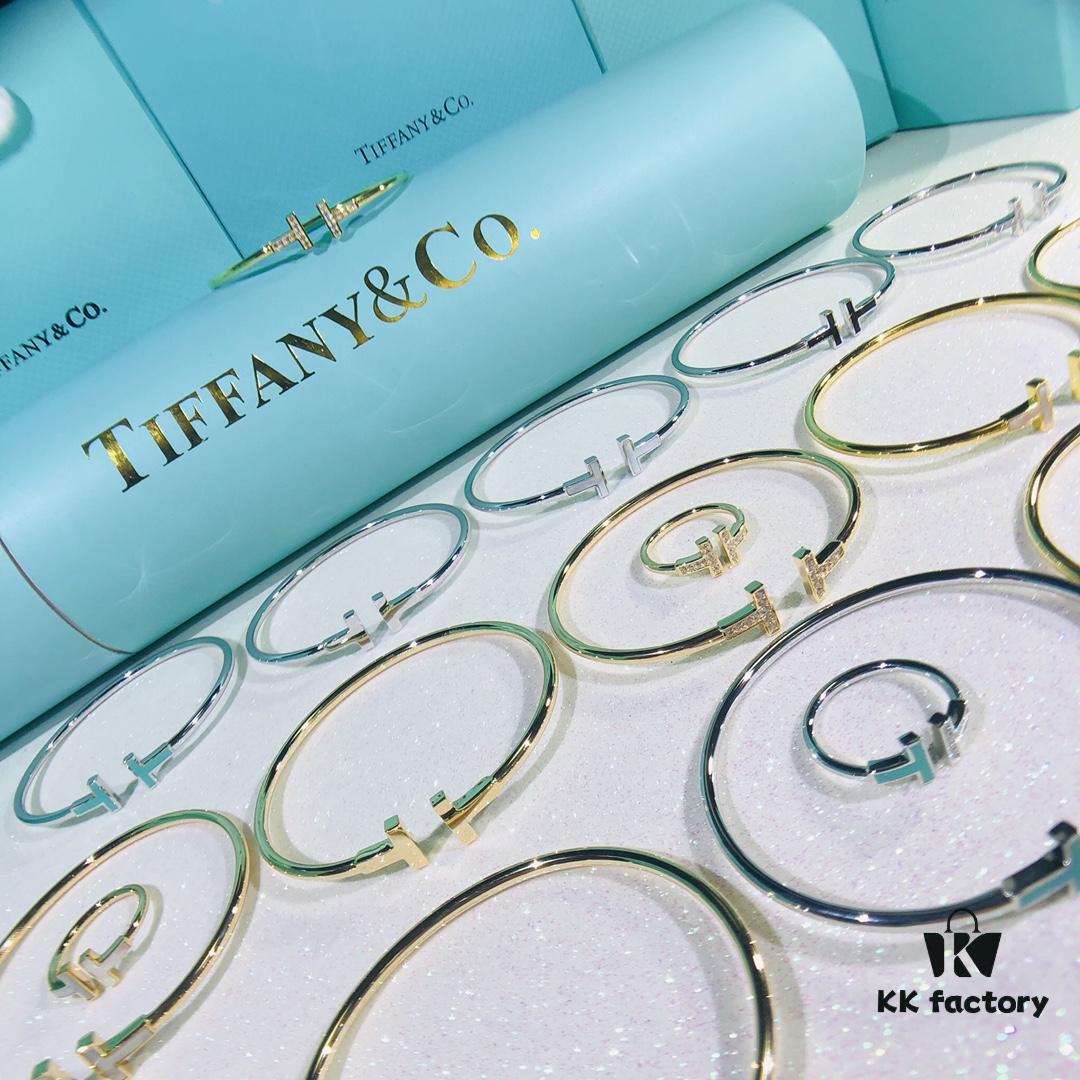 Classic Tiffany Inspired Double T Pearl Inlaid Square Ring and Gold Silver Rose Bracelet with Mother of Pearl Coil