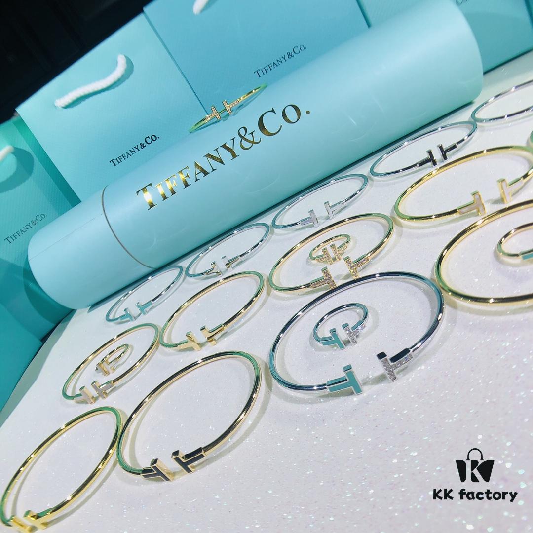 Classic Tiffany Inspired Double T Pearl Inlaid Square Ring and Gold Silver Rose Bracelet with Mother of Pearl Coil