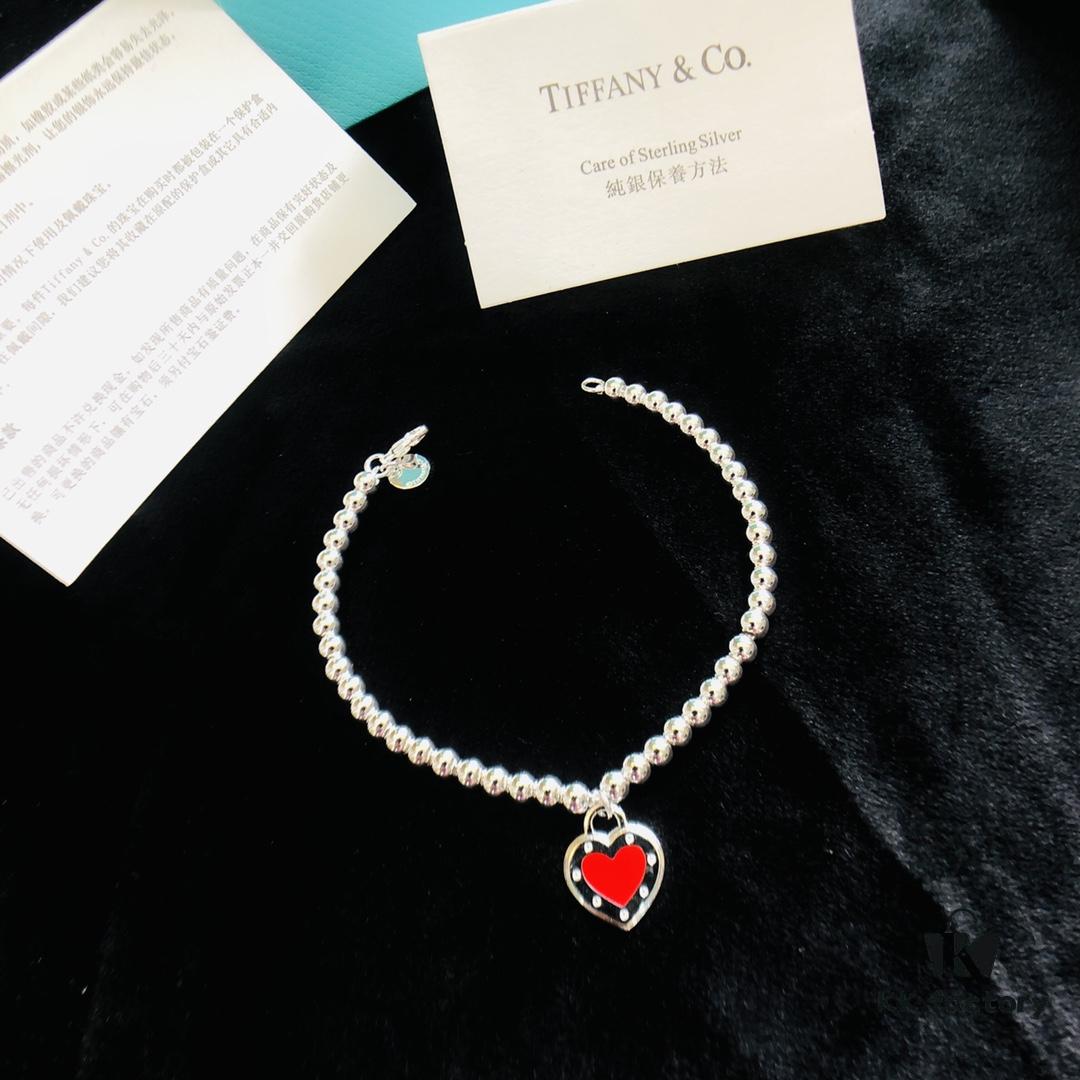 New Year Style ❤️ T Brand Heart Buddha Bead Bracelet Necklace in S925 Sterling Silver with Enamel Resin [Red Logo Detail, Classic Heart Bracelet]