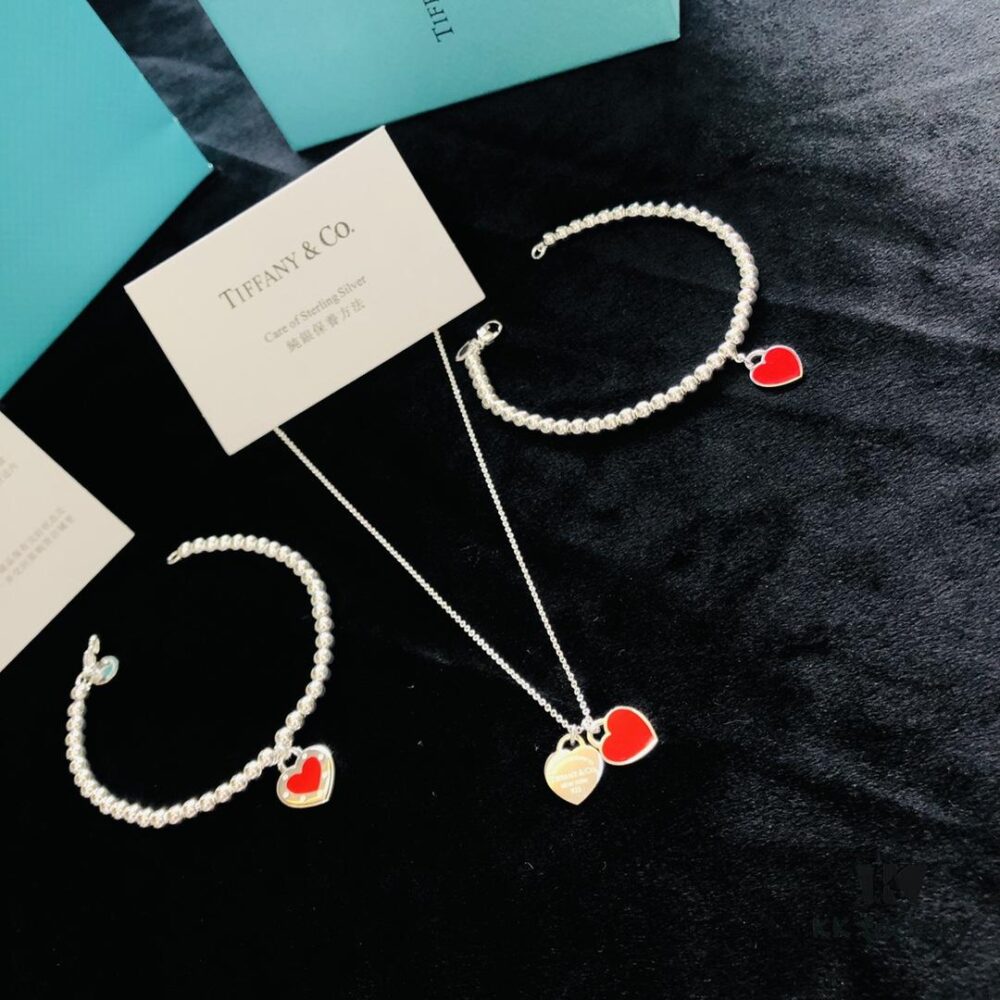 New Year Style ❤️ T Brand Heart Buddha Bead Bracelet Necklace in S925 Sterling Silver with Enamel Resin [Red Logo Detail, Classic Heart Bracelet]