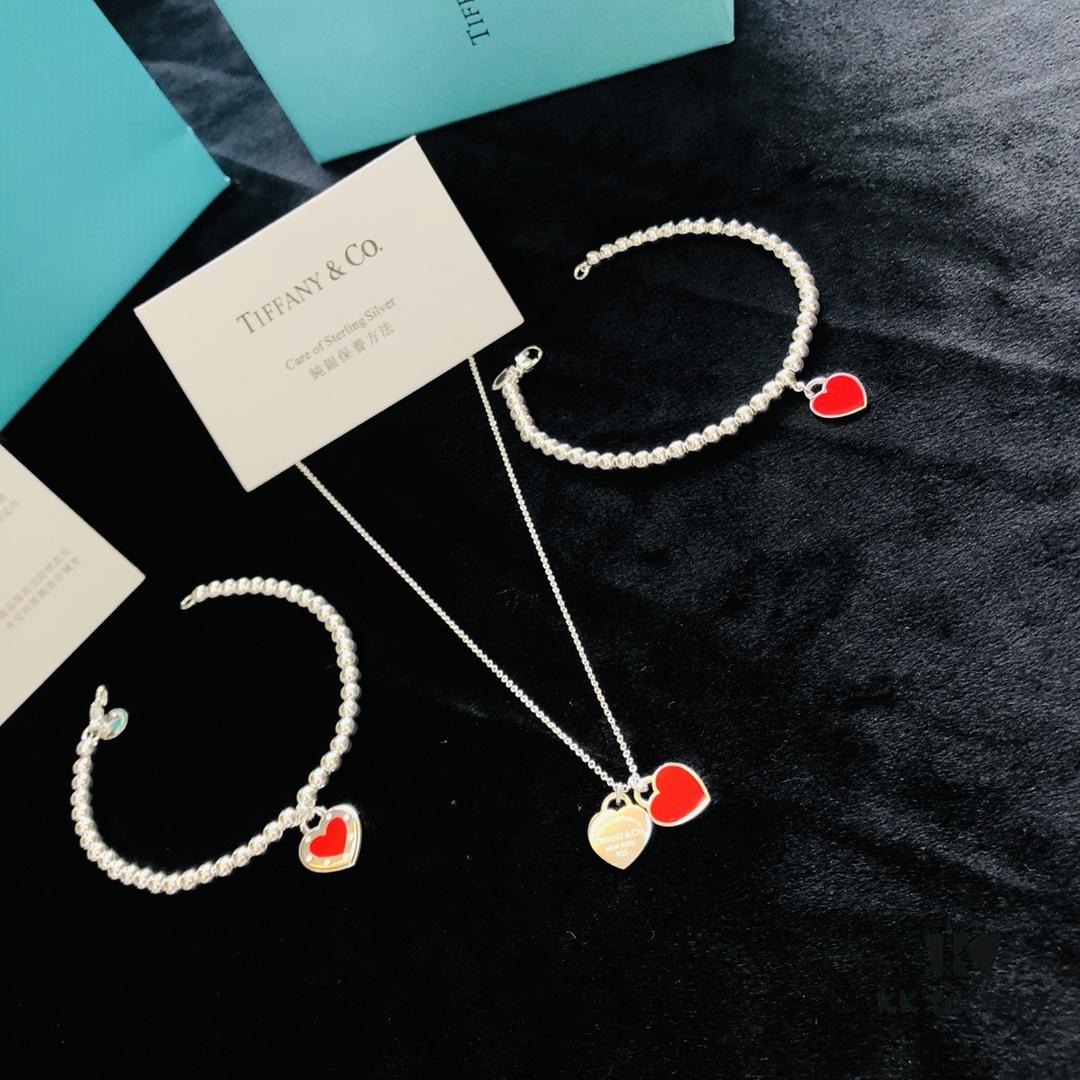 New Year Style ❤️ T Brand Heart Buddha Bead Bracelet Necklace in S925 Sterling Silver with Enamel Resin [Red Logo Detail, Classic Heart Bracelet]