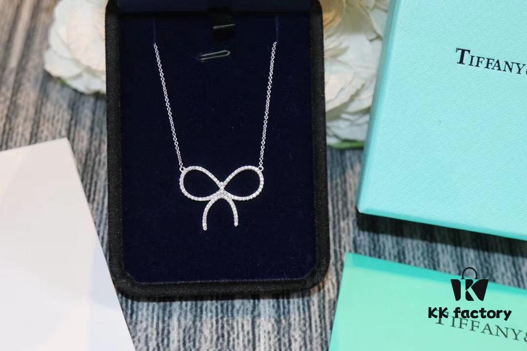 New Arrival! Tiffany & Co. Full Diamond Bow Necklace - Imported High-Carbon Diamond Version, 925 Sterling Silver Plated with White Gold