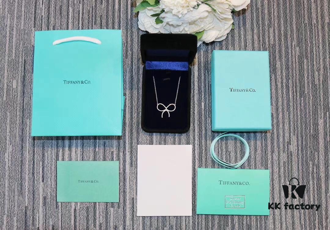 New Arrival! Tiffany & Co. Full Diamond Bow Necklace - Imported High-Carbon Diamond Version, 925 Sterling Silver Plated with White Gold