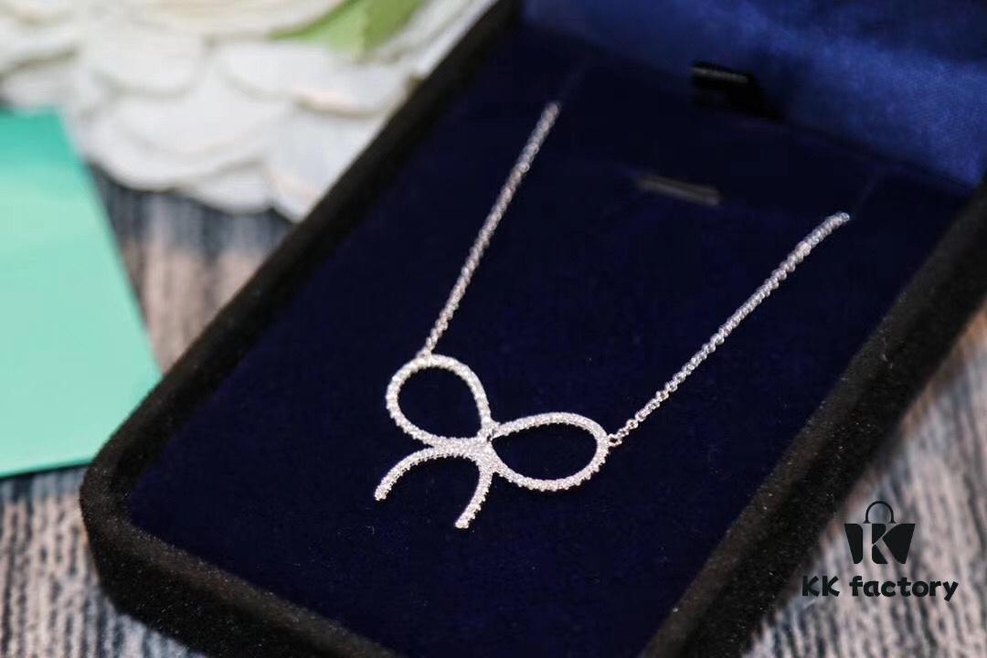 New Arrival! Tiffany & Co. Full Diamond Bow Necklace - Imported High-Carbon Diamond Version, 925 Sterling Silver Plated with White Gold