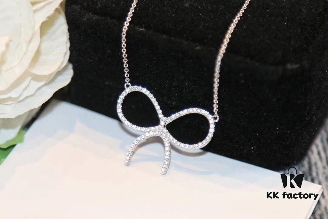 New Arrival! Tiffany & Co. Full Diamond Bow Necklace - Imported High-Carbon Diamond Version, 925 Sterling Silver Plated with White Gold