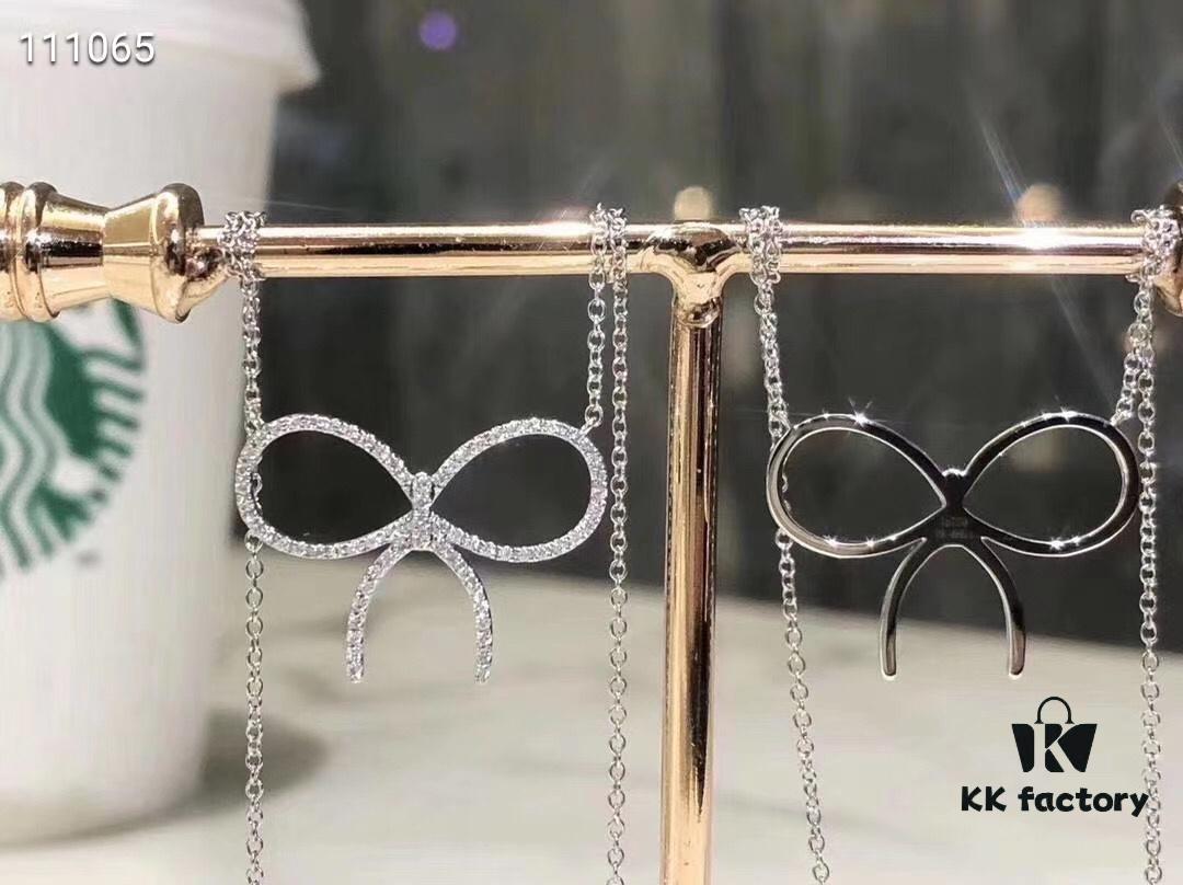 New Arrival! Tiffany & Co. Full Diamond Bow Necklace - Imported High-Carbon Diamond Version, 925 Sterling Silver Plated with White Gold