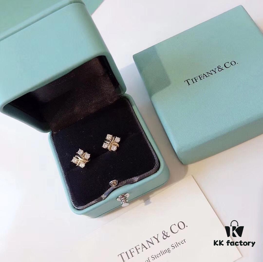 Tiffany & Co. Schlumberger Collection Cross Four-Diamond Stud Earrings, Minimalist and Versatile, Yellow Gold Tone, Premium S925 Sterling Silver Plated with 14K Gold, Dual-Tone Plating