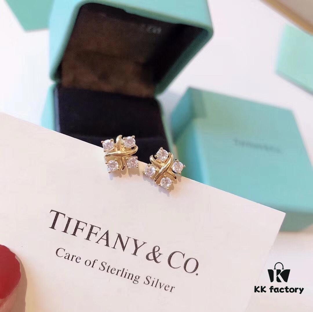 Tiffany & Co. Schlumberger Collection Cross Four-Diamond Stud Earrings, Minimalist and Versatile, Yellow Gold Tone, Premium S925 Sterling Silver Plated with 14K Gold, Dual-Tone Plating