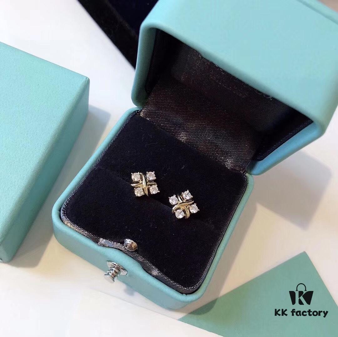 Tiffany & Co. Schlumberger Collection Cross Four-Diamond Stud Earrings, Minimalist and Versatile, Yellow Gold Tone, Premium S925 Sterling Silver Plated with 14K Gold, Dual-Tone Plating