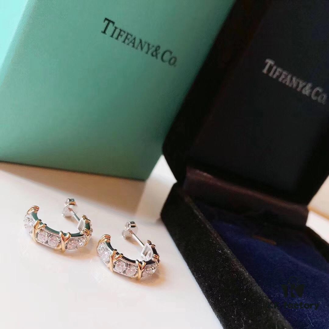 Tiffany & Co. Schlumberger Series Four-Diamond Cross Full Diamond Ear Hook Stud Earrings, German Imported S925 Sterling Silver with Gold Plating, Exquisitely Polished Craftsmanship, Noble, Elegant and Generous