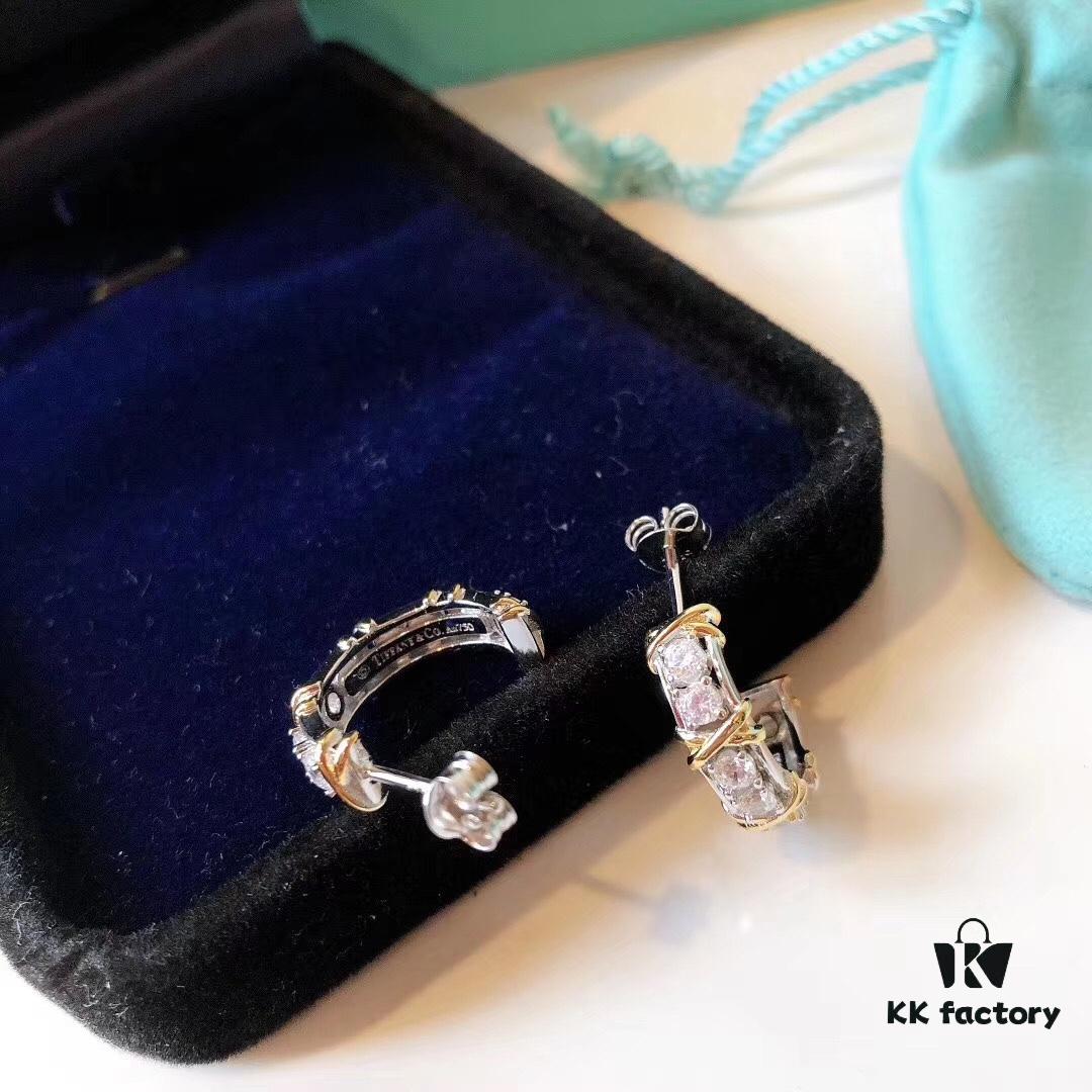 Tiffany & Co. Schlumberger Series Four-Diamond Cross Full Diamond Ear Hook Stud Earrings, German Imported S925 Sterling Silver with Gold Plating, Exquisitely Polished Craftsmanship, Noble, Elegant and Generous